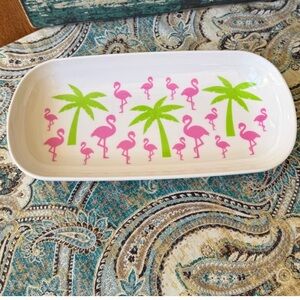Flamingo Palm Serving Tray White Melamine Platter Tropical Pink Green 12 Inch